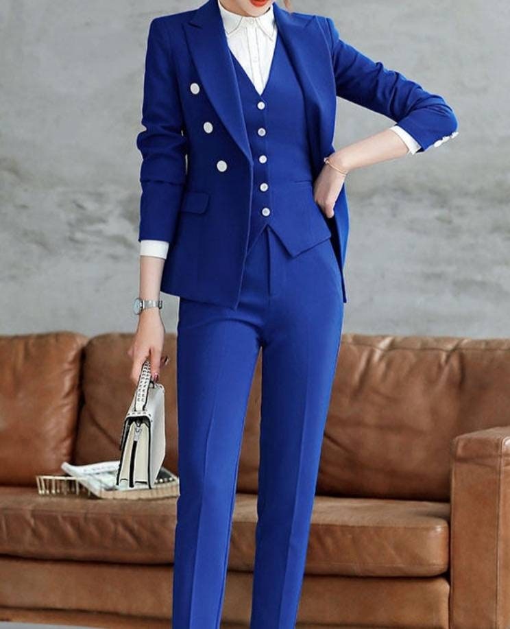 Navy Blue Women's Suit With Double Breasted Jacket