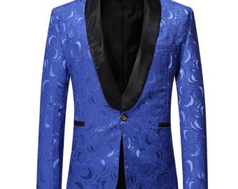 Blazer de fiesta floral azul slim fit acolchado para hombre trajes de esmoquin festivos, trajes de fiesta