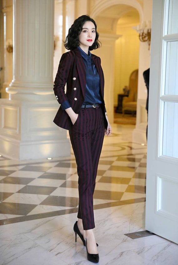 Burgundy Stripped 2 Piece Pants and Blazer Suits, Stripped Suit