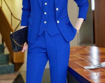 Royal blue 3-piece pants or skirt suit with white buttons, formal office suits, wedding suits, suits for women