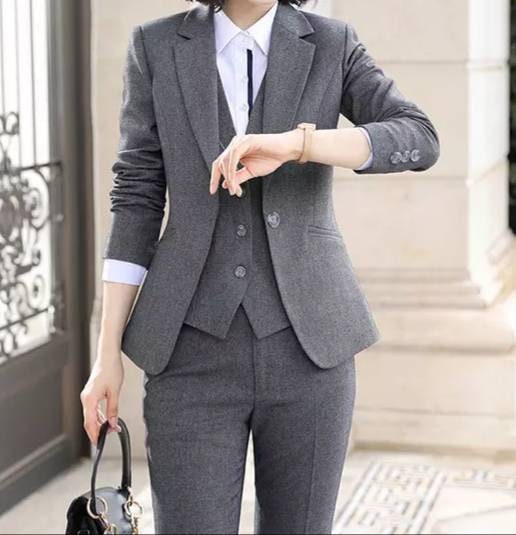 Women Suit Gray Casual Blazer & High Waist Pant Office Lady