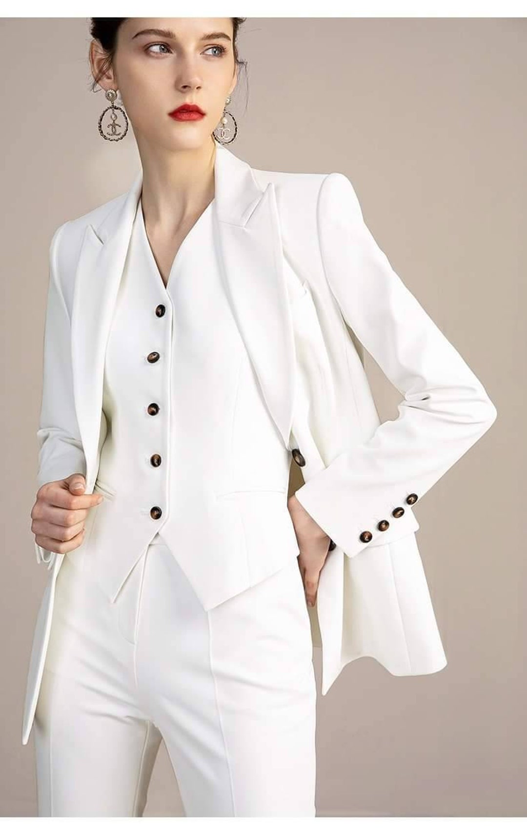 White 3-piece Pants Suits, Formal Suits With Blazer, Waistcoat and Pants,  Wedding Suits, White Pants Suits 