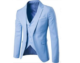 Trajes de algodón de 3 piezas para hombres, trajes azul cielo, chalecos. Borgoña, azul cielo y verde azulado disponibles