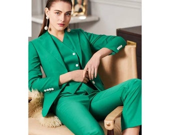Green 3-piece women's suit with v-neck vest, suits with blazer, waistcoat and pants, formal women's office suits, women's wedding suits