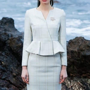 Sparkle plaid peplum tweed skirt suit, beige plaid skirt suit, chequered formal skirt suit, wedding skirt suit