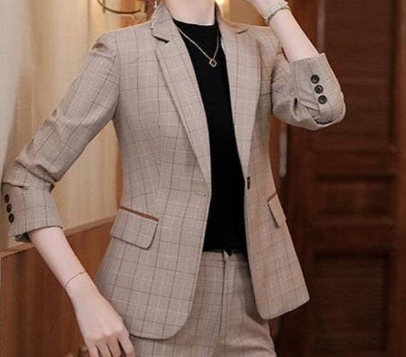 Khaki Plaid 2-piece Suit With Pocket 