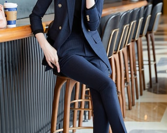 Navy blue stripped double breasted 2-piece suit, pants and blazer suit, women's formal suits, wedding suit, office suit