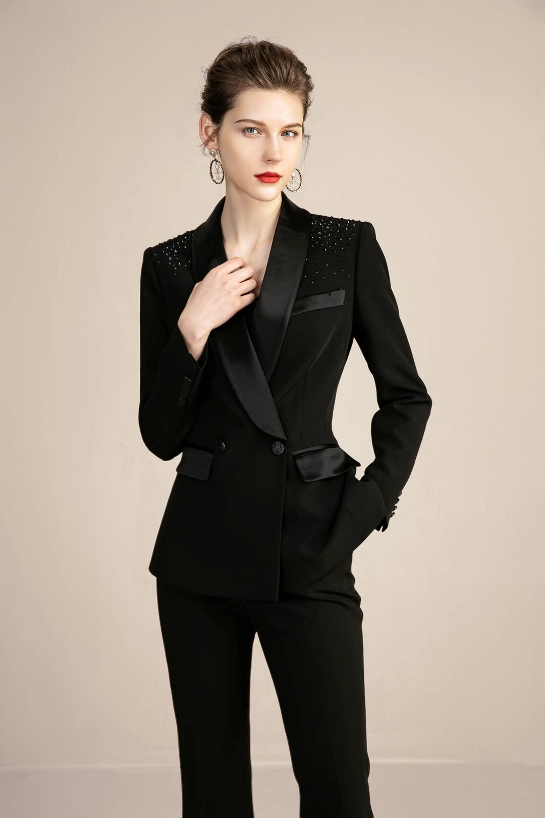 Black Wide Leg Pants With Embellished Blazer Suit 2-piece 