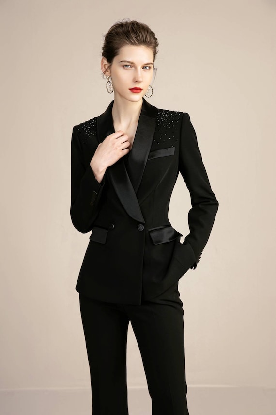 Black Wide Leg Pants With Embellished Blazer Suit, 2-piece Pants and Blazer  Suits, Black Wedding Suit 