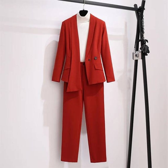 Red Office Women 3 Piece Suit With Slim Fit Pants, Buttoned Vest and  Single-breasted Blazer, Womens Office Wear, Red Pants Suit 