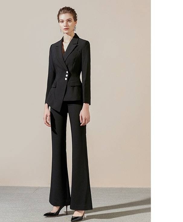 Black Flared Pants Suit Set With Blazer, Black Classic Women's