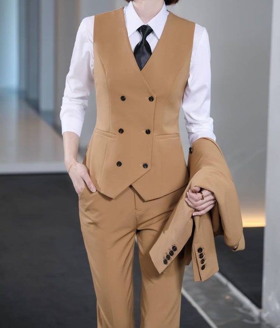 Khaki 3-piece Plain Suits With Blazer, Waistcoat and Pants, Formal