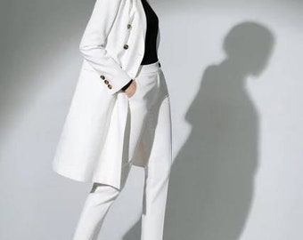 White double breasted long blazer and pants suits, ladies' 2 piece pants and blazer suit, women's coats, formal work suits, wedding suits