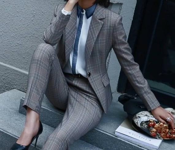 Grey Plaid Chequered 2 Piece Pants and 