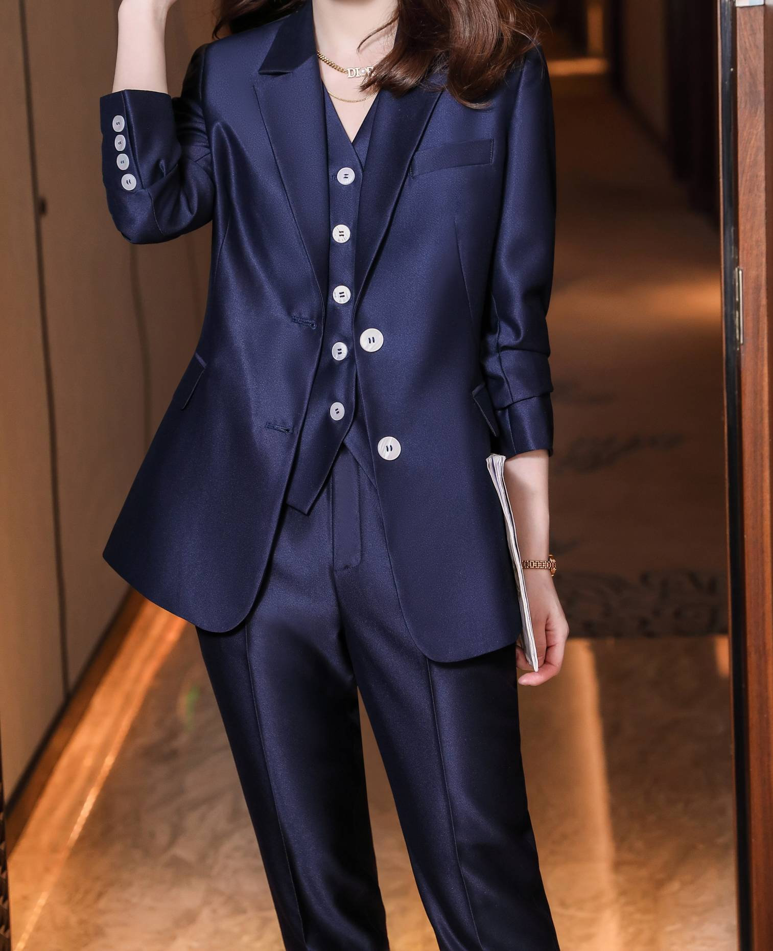 Classic Navy Blue Womens Suit, Office Women 3 Piece Suit With Slim Fit  Pants, Buttoned Vest and Blazer Smart Casual, Office Wear for Women 