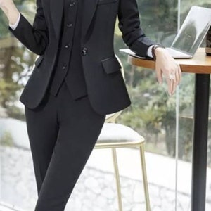 Black 3-piece pants suit with blazer, waistcoat and pants, black formal tailored suits, wedding suits