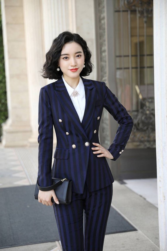 Women Satin Striped Blazer Suit Formal Business Jacket Coat Pants Office  Suits | eBay