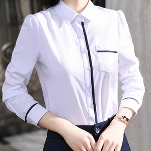 Women's white cotton shirt with black piping embellishment