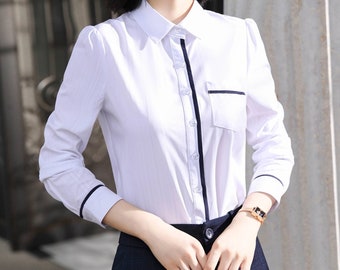 Women's white cotton shirt with black piping embellishment