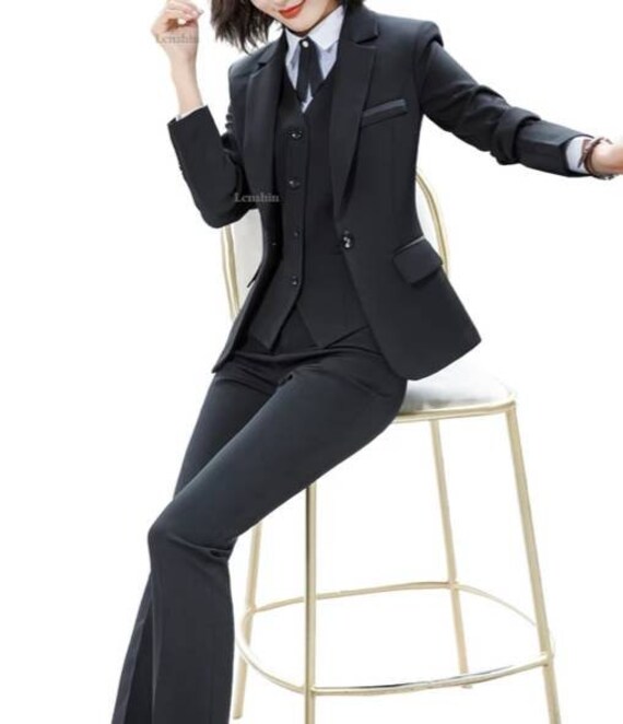 Black 3-piece Pants Suit With Blazer, Waistcoat and Pants, Black