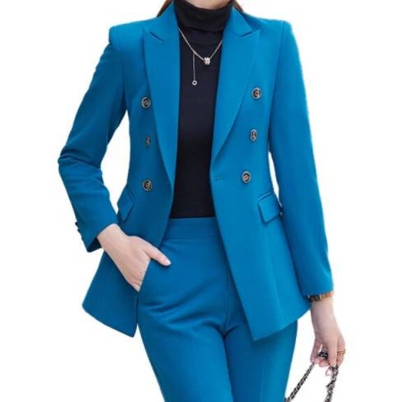 Peacock Blue or Royal Blue Double Breasted 2-piece Pants Suit