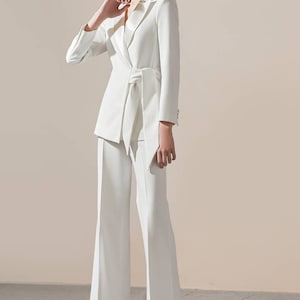 White belted 2 piece wide leg pants suits, embellished belted pants and blazer suits, white wedding suit