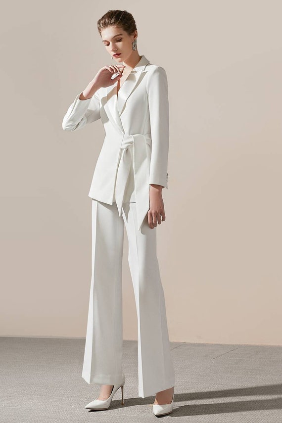 White Satin Fitted Flared Pants, Two Piece Sets