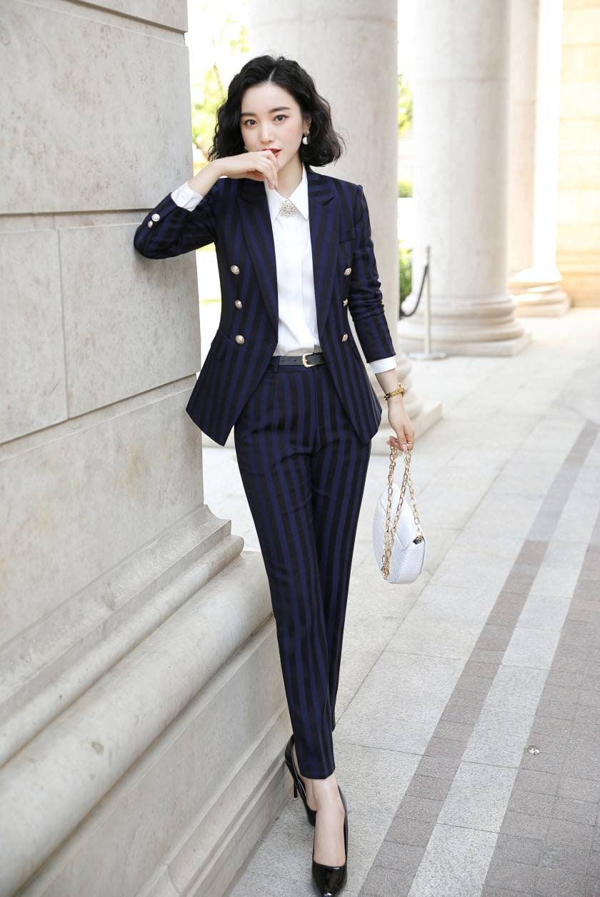 Women's Suit 2 Piece Set Single Breasted Striped Suit Business Slim  Workwear Office Jacket Ladies (Blazer + Pants ) - AliExpress