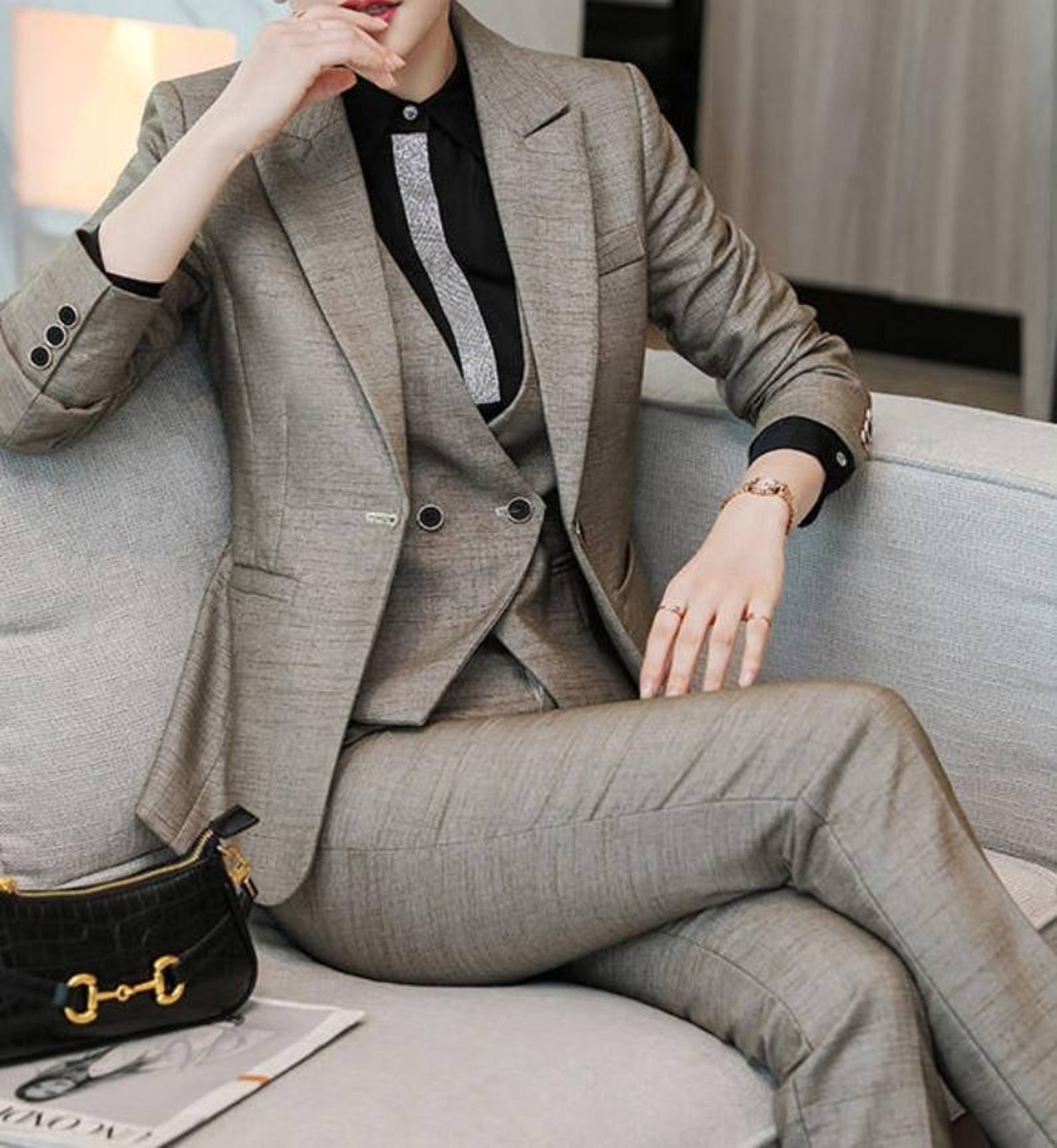 Khaki 3piece Pants Suits Also in Grey Blue or Black. Pants Etsy