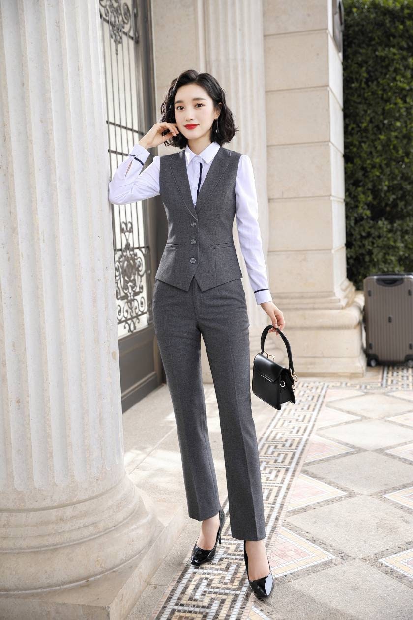 Women Suit Gray Casual Blazer & High Waist Pant Office Lady