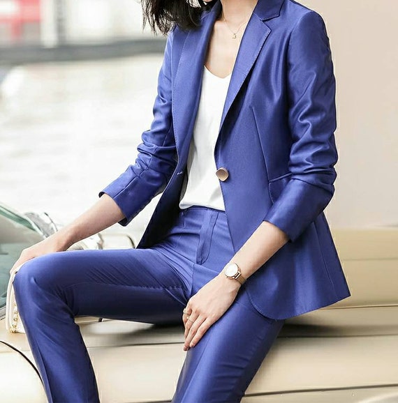 2-piece Blazer Trouser Suit for Women, Blue Pantsuit Women, Womens Formal  Wear, Pant and Blazer Set Women, Blue Trousers Suit, Slim Fit Suit -   Israel