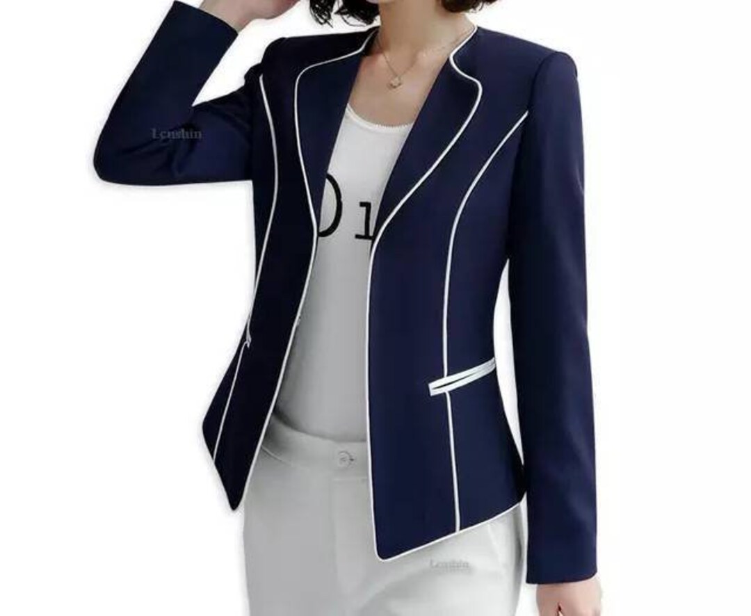 Navy Blue Stripped Blazers for Women Button Free Blazer Etsy UK