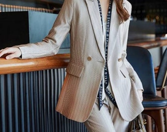 White or apricot double breasted stripped pants and blazer suit, formal tailored suits, office suits, wedding suits, also in golden yellow