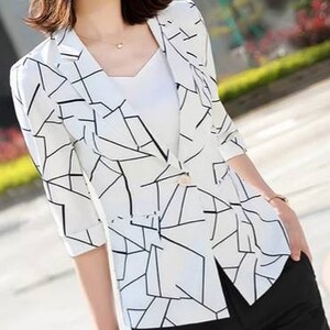 White blazers for women, geometric print blazers, midi sleeves one button blazers for women, office suits, formal tailored blazers for women