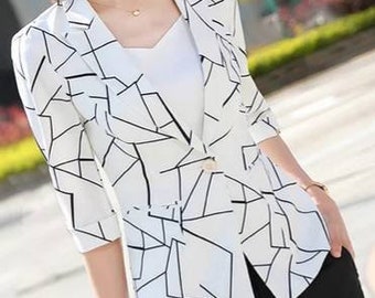 White blazers for women, geometric print blazers, midi sleeves one button blazers for women, office suits, formal tailored blazers for women