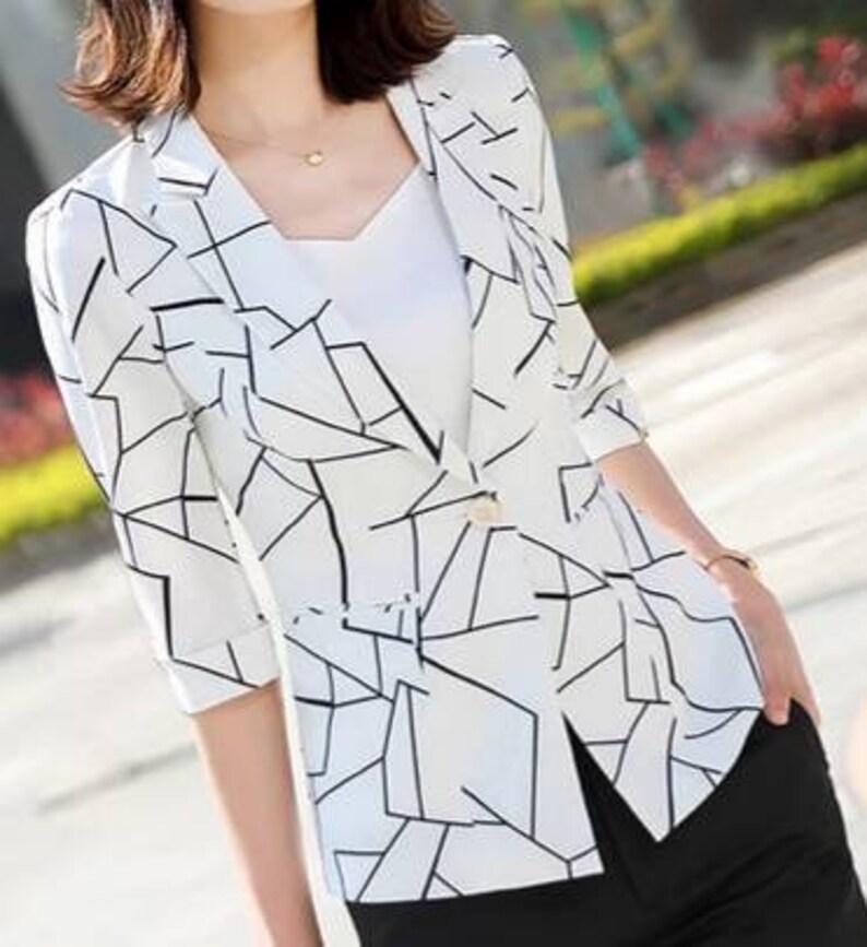 White Blazers for Women Geometric Print Blazers Midi Sleeves Etsy UK