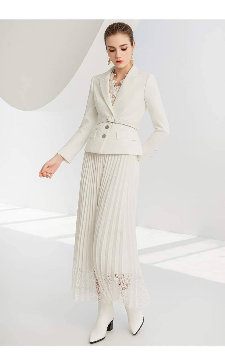 Belted White Pleated Skirt Suits 2 piece Skirt and Blazer Suit