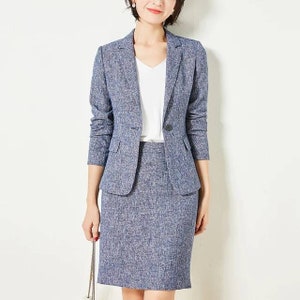 Denim blue 2 piece skirt and blazer suit, blue skirt suit, office suits, formal tailored wedding suits