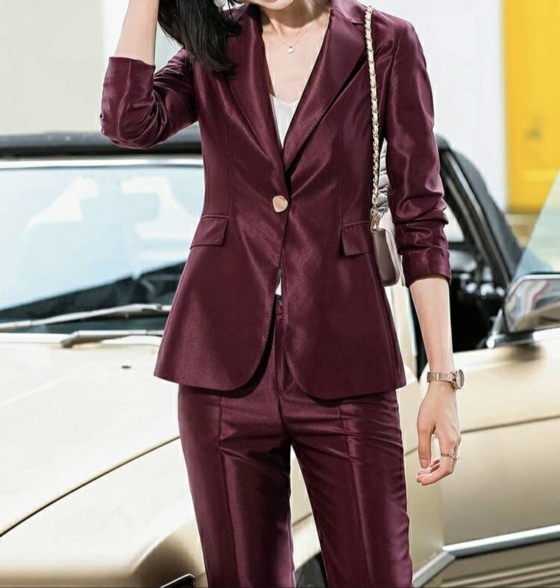 burgundy pants suit for women