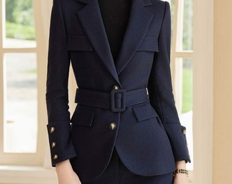Belted 2-piece dark blue pants and blazer suits, ladies power suit, women's formal tailored suits, wedding suits, office suits