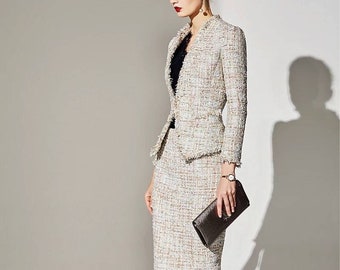 Double Breasted Beige Peplum Tweed 