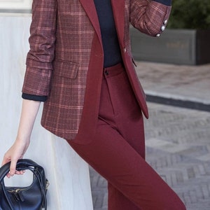 Two-tone plaid pants and blazer suits in Burgundy or Blue, chequered 2-piece suit with wide legged parts, women's formal tailored suits