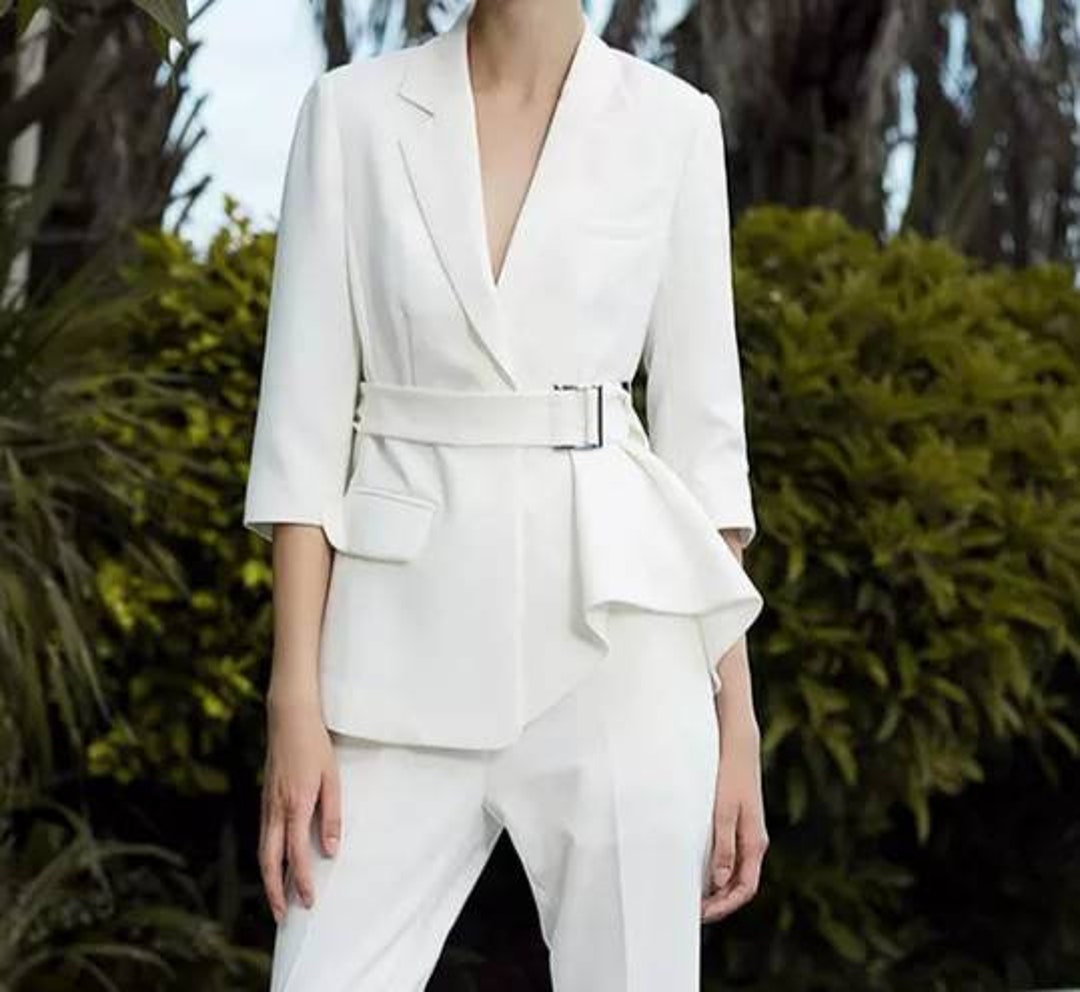 White Belted 2-piece Peplum Pants Suits Women's White - Etsy