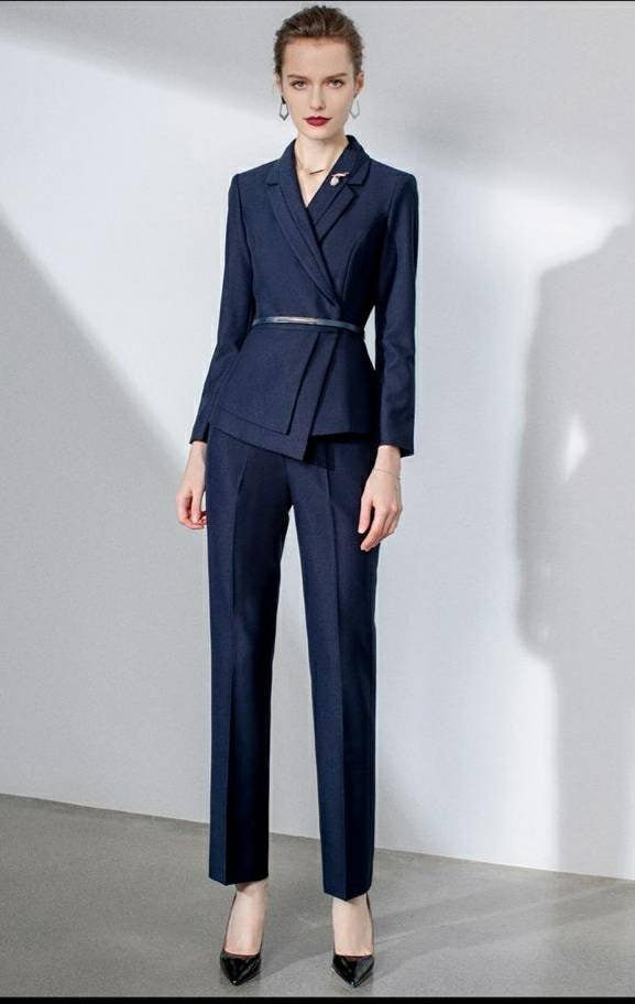 Womens Two Piece Pants Navy Blue Casual Women Business Outfit Suits Female  Custom Made Office Work Tuxedos Terno Feminino Jacket From Qualityclothes,  $143.2