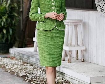 Stylish green tweed 2-piece skirt suits, skirt and blazer suits, office suits, formal tailored wedding suits