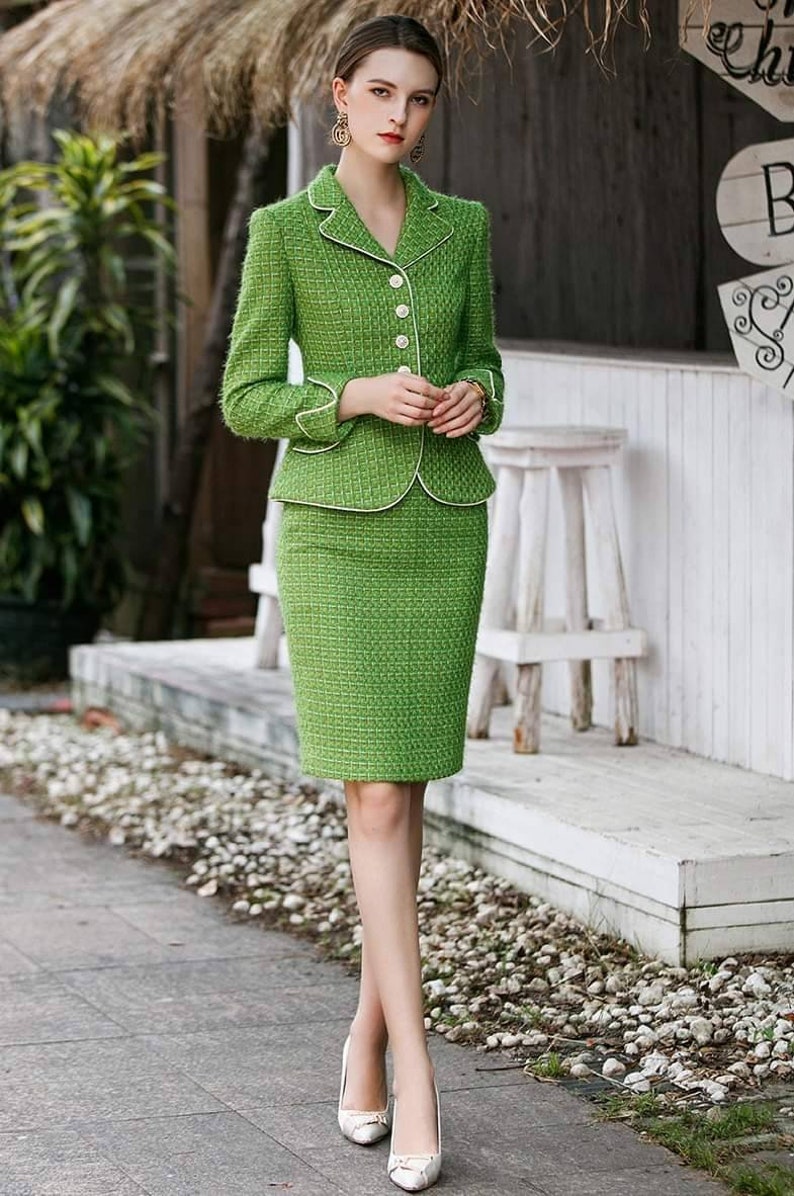 Stylish green tweed 2-piece skirt suits, skirt and blazer suits, office suits, formal tailored wedding suits image 1