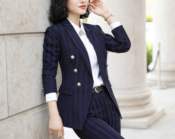 Navy blue stripped 2 piece pants and blazer suits, stripped suit, wedding suits, double breasted work suit