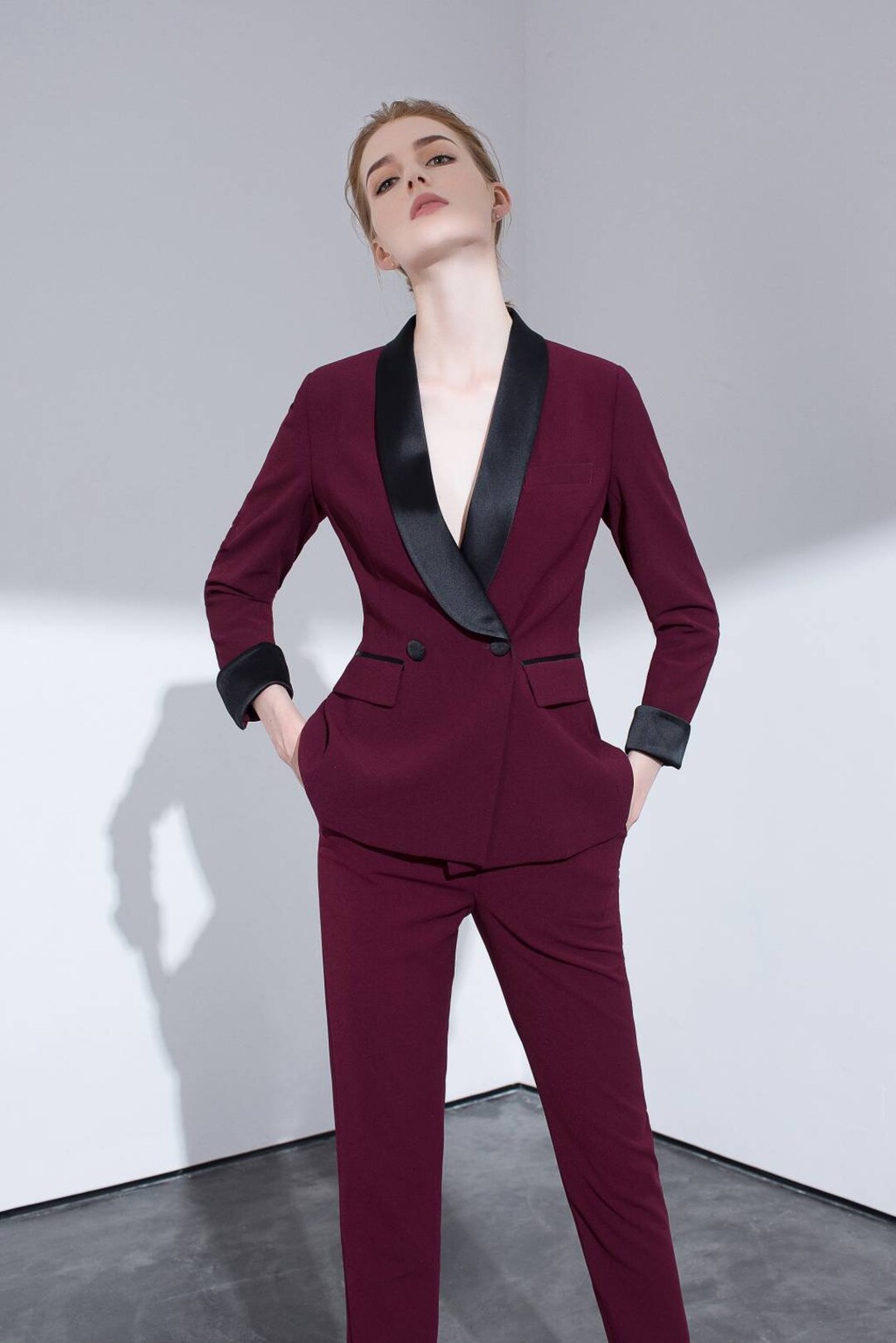 Burgundy Double Breasted Pants Suits, Ladies' Wine 2 Piece Pants and Blazer Suit  Set, Women's Coats, Formal Office Suits, Wedding Suits 