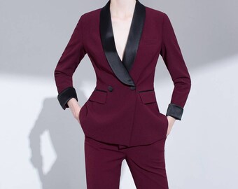 Burgundy double breasted pants suits, ladies' wine 2 piece pants and blazer suit set, women's coats, formal office suits, wedding suits