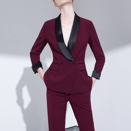 Burgundy Womens Blazer Suit Office Women 3 Piece Suit With - Etsy